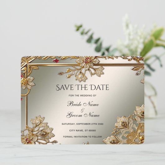 Goud  Floral Lijst Save the Date Kaart (Staand voorkant)