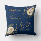 Goud Floral monogram Logo op marineblauw huwelijk  Kussen (Achterkant)