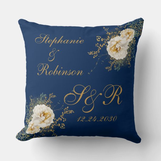 Goud Floral monogram Logo op marineblauw huwelijk  Kussen (Voorkant)