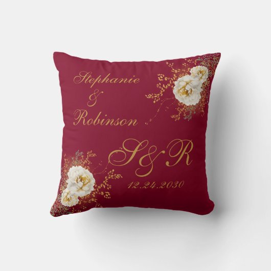 Goud Floral monogram op Bourgogne bruiloft Kussen (Achterkant)