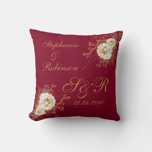 Goud Floral monogram op Bourgogne bruiloft Kussen (Voorkant)