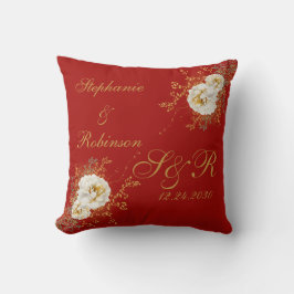 Goud Floral Monogram op de Rode Kerstbruiloft Kussen