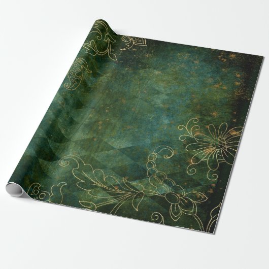 Goud Floral overzichten op groen Cadeaupapier (Uitgerold)