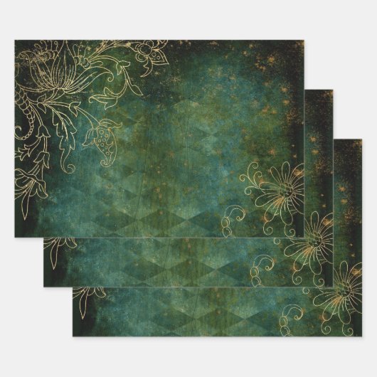 Goud Floral overzichten op groen Inpakpapier Vel (Set)