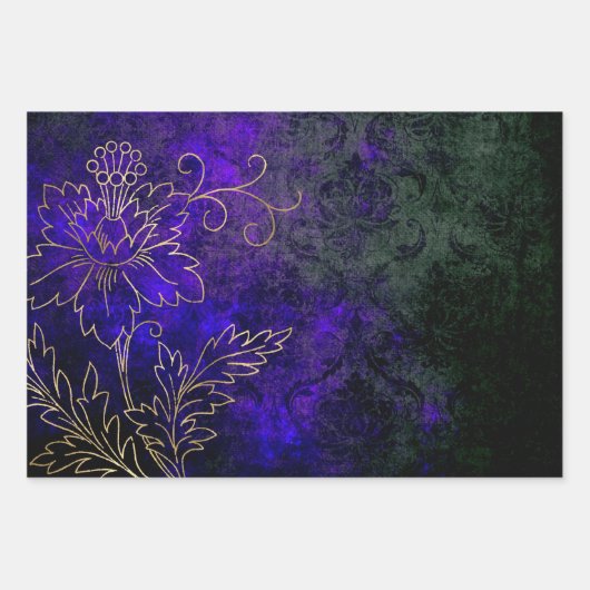 Goud Floral-overzichten over Paars groen Inpakpapier Vel (Voorkant 3)