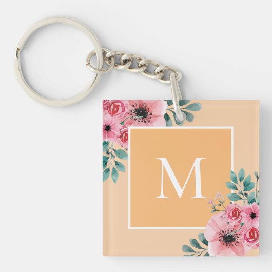 Goud | Floral Photo Monogram Key Ring Sleutelhanger (Voorkant)