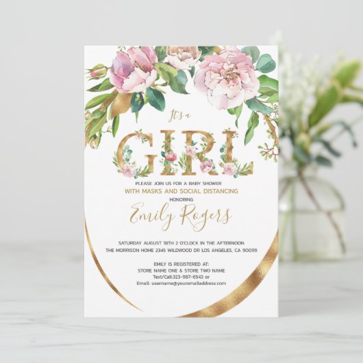 Goud florettering Meisje baby shower Save The Date (Staand voorkant)