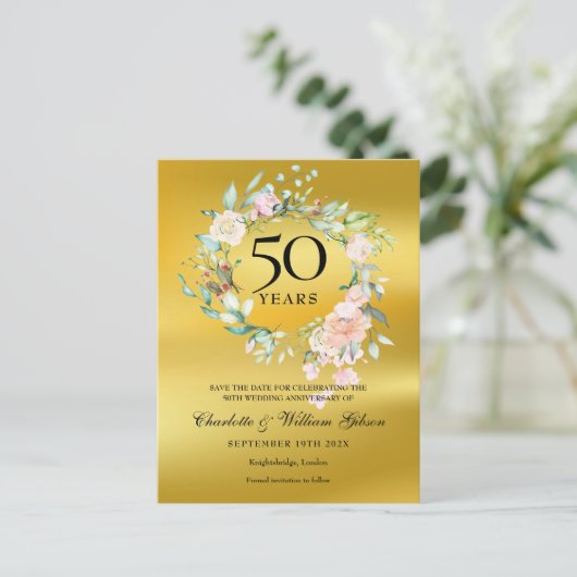 Goud Folie 50e Verjaardag Save the Date Bloemen Aankondigingskaart (Staand voorkant)