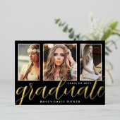 Goud Folie Afstudeerscript 3-Foto Afstuderen Folie Uitnodiging (Staand Voorkant)