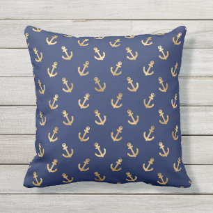 Goud Folie Anker Patroon Navy Blauwe Zeevaart Buitenkussen