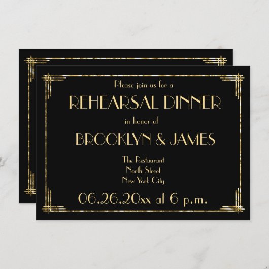 Goud Folie Art Deco Trouw Rehearsal Uitnodigingen  (Voorkant / Achterkant)