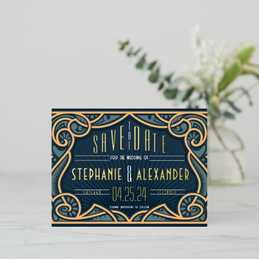 Goud Folie Art Nouveau Save the Date Kaart (Staand Voorkant)