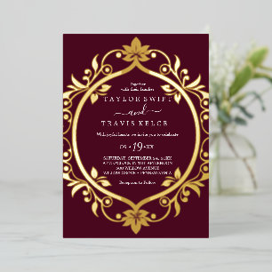 Goud Folie Burgundy   Informele Bruiloft  Uitnodiging