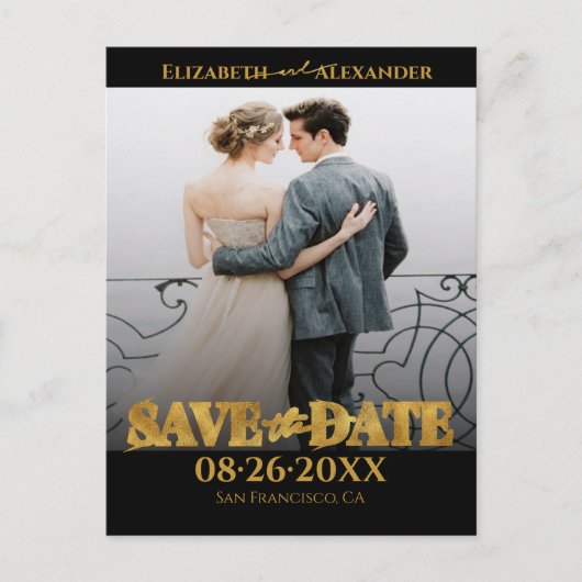 Goud Folie Calligrafie Foto Save the Date Briefkaart (Voorkant)