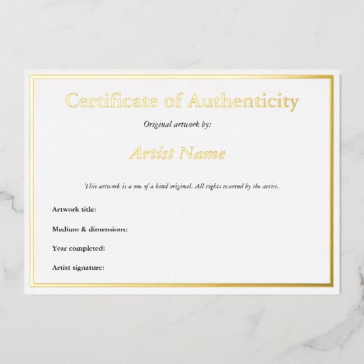 Goud Folie Certificaat van Echtheid voor Kunst Uitnodiging (Voorkant)