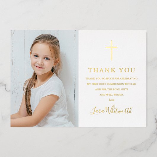 Goud Folie Eerste Heilige Communie Foto Bedankkaar Folie Uitnodiging (Voorkant)