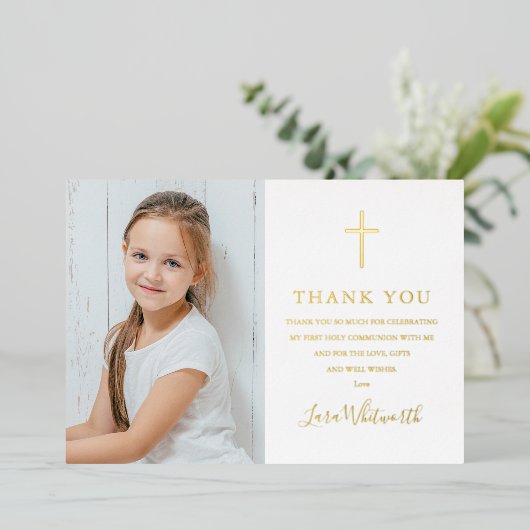 Goud Folie Eerste Heilige Communie Foto Bedankkaar Folie Uitnodiging (Staand Voorkant)