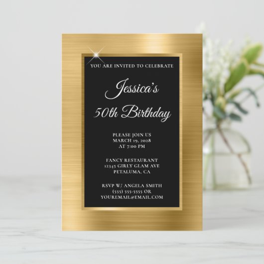 Goud Folie en Zwarte Overlay 50e Verjaardag Kaart (Staand voorkant)