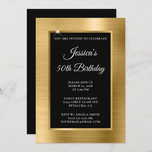 Goud Folie en Zwarte Overlay 50e Verjaardag Kaart (Voorkant / Achterkant)