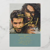 Goud Folie Foto Overlay Salie Bewaar Datum Trouwda Folie Uitnodiging (Voorkant)