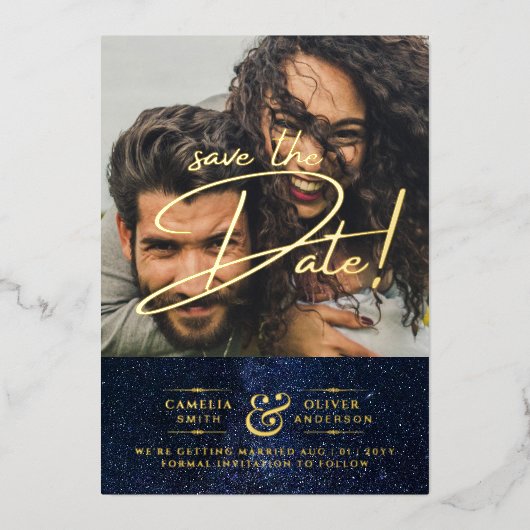 Goud Folie Galaxy Navy Save The Date QR Code Uitnodiging (Voorkant)