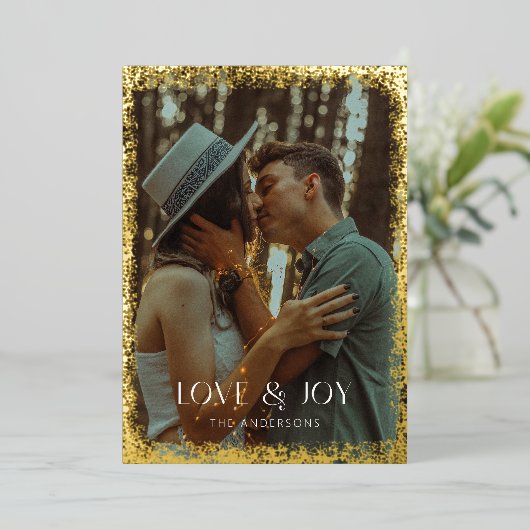 Goud Folie Glitterende Liefde & Vreugde Vakantie F Folie Feestdagenkaart (Staand Voorkant)