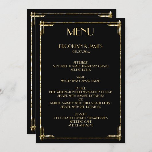 Goud Folie Great Gatsby Art Deco Bruiloftsmenu Menu (Voorkant / Achterkant)