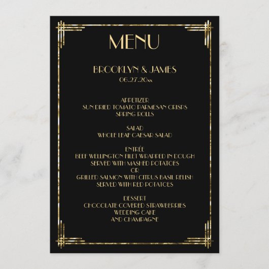 Goud Folie Great Gatsby Art Deco Bruiloftsmenu Menu (Voorkant)
