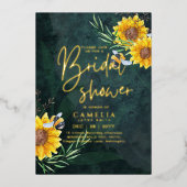 GOUD FOLIE Groene Zonnebloemen BRIDAL SHOWER QR Co Folie Uitnodiging (Voorkant)