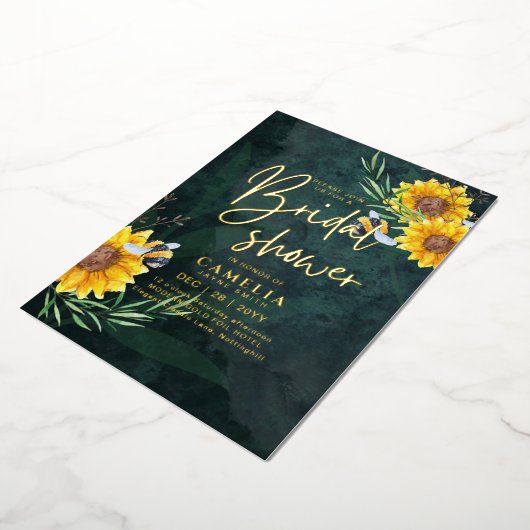 GOUD FOLIE Groene Zonnebloemen BRIDAL SHOWER QR Co Folie Uitnodiging (Gedraaid)