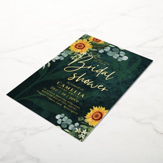 GOUD FOLIE Groene Zonnebloemen BRIDAL SHOWER QR Co Folie Uitnodiging (Gedraaid)