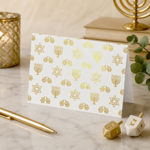 Goud Folie Hanukkah Iconen Patroon Vakantie Kaarten