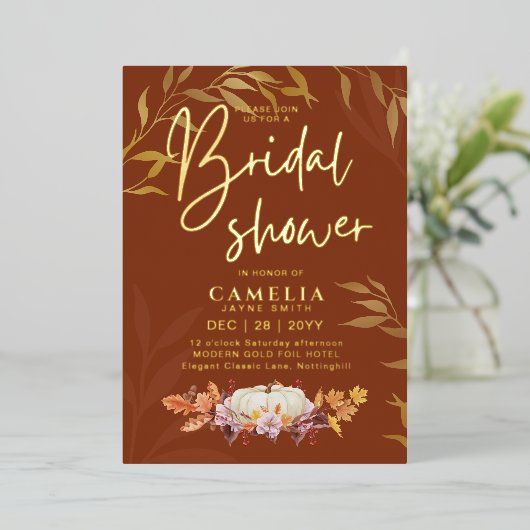 GOUD FOLIE Herfst Pompoen BRUIDSSHOWER QR Code Uitnodiging (Staand Voorkant)