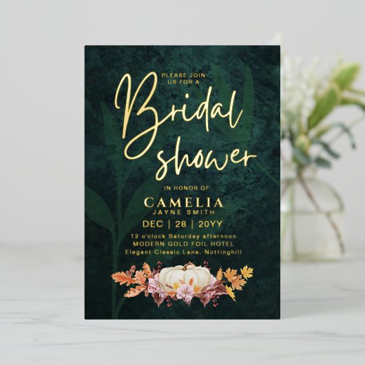 GOUD FOLIE Herfst Pompoen Groen BRUIDSSHOWER QR Co Folie Uitnodiging (Staand Voorkant)