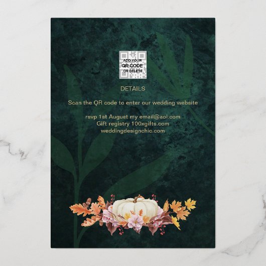 GOUD FOLIE Herfst Pompoen Groen BRUIDSSHOWER QR Co Folie Uitnodiging (Achterkant)