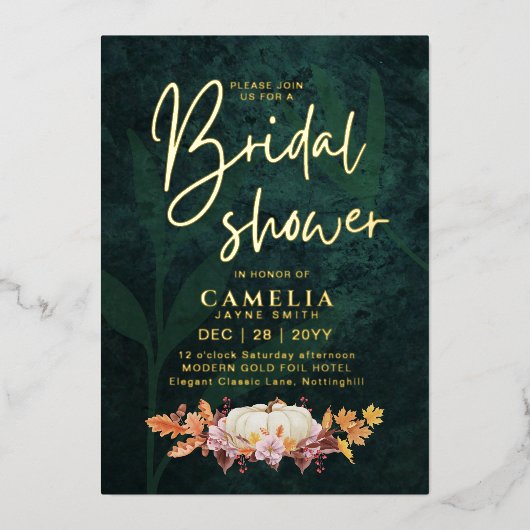 GOUD FOLIE Herfst Pompoen Groen BRUIDSSUITE QR Cod Uitnodiging (Voorkant)