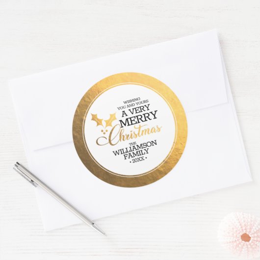 Goud Folie Hulst Prettig Kerstfeest Ronde Sticker (Envelop)