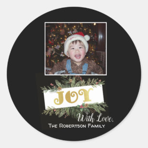 Goud Folie JOY Moderne Kerst FOTO Ronde Sticker