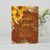 GOUD FOLIE Landelijke Zonnebloemen BRUIDSSHOWER QR Folie Uitnodiging (Staand Voorkant)