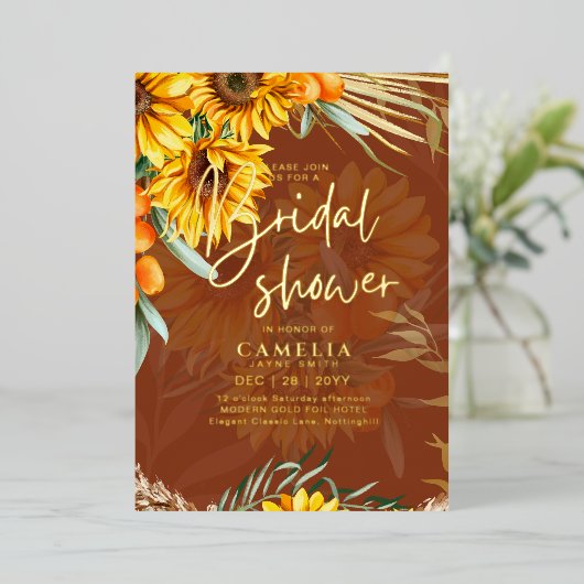 GOUD FOLIE Landelijke Zonnebloemen BRUIDSSHOWER QR Folie Uitnodiging (Staand Voorkant)