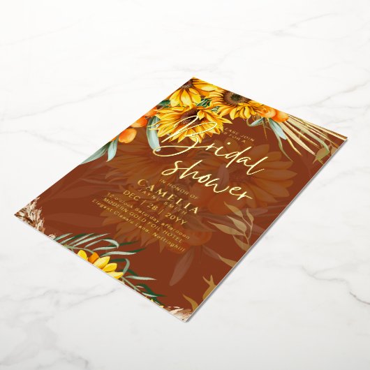 GOUD FOLIE Landelijke Zonnebloemen BRUIDSSHOWER QR Folie Uitnodiging (Gedraaid)