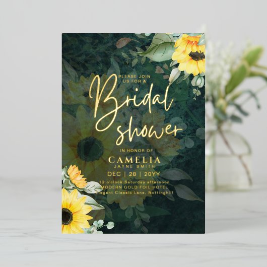 GOUD FOLIE Landelijke Zonnebloemen BRUIDSSHOWER QR Folie Uitnodiging (Staand Voorkant)