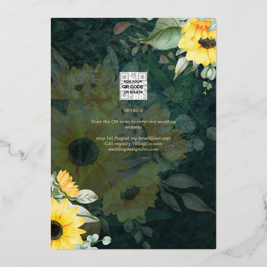 GOUD FOLIE Landelijke Zonnebloemen BRUIDSSHOWER QR Folie Uitnodiging (Achterkant)