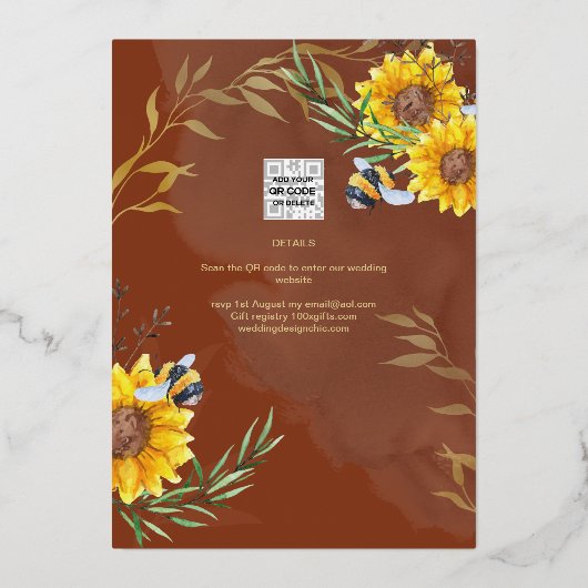 GOUD FOLIE Landelijke Zonnebloemen BRUIDSSHOWER QR Folie Uitnodiging (Achterkant)