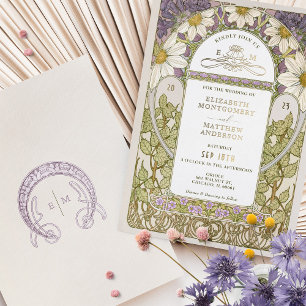 Goud Folie Lavendel Madeliefjes Art Nouveau Bruilo Uitnodiging