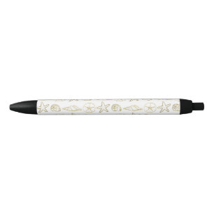 Goud Folie Look Zee Schelpen Chic Strand Elegant W Zwarte Inkt Pen