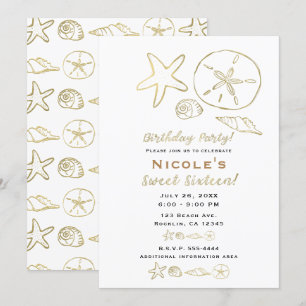 Goud Folie Look Zee Schelpen Chic Strand Sweet 16 Kaart