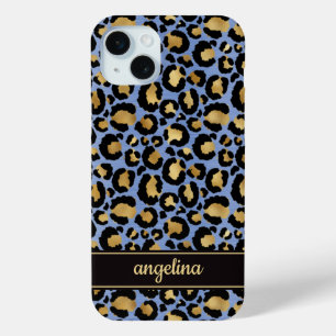 Goud Folie Op Blauwe Luipaardprint Monogram iPhone 15 Mini Hoesje