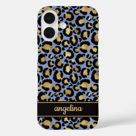 Goud Folie Op Blauwe Luipaardprint Monogram iPhone 16 Hoesje