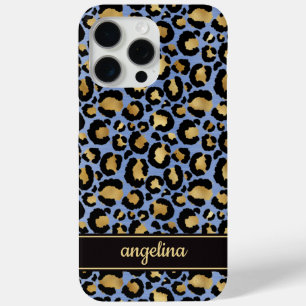 Goud Folie Op Blauwe Luipaardprint Monogram iPhone 15 Pro Max Hoesje